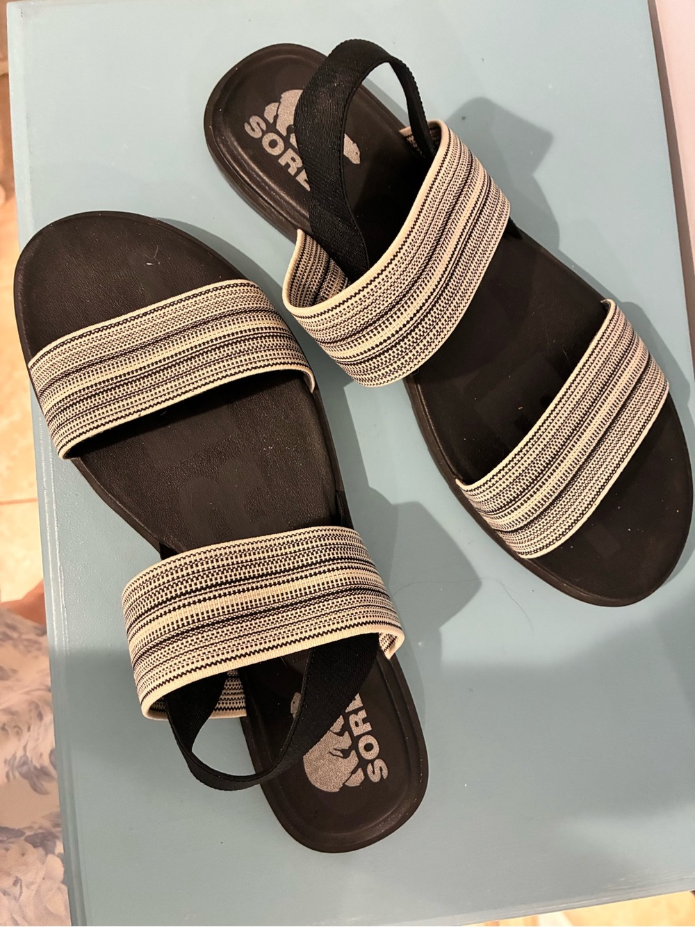 Sorel Black Sandal with Cream and Black Striped Elastic Straps